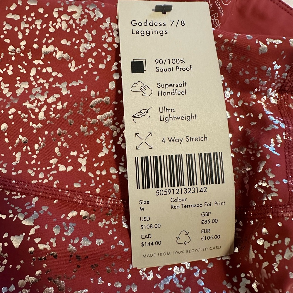 NWT Sweaty Betty Goddess Red and Silver 7/8 Leggings